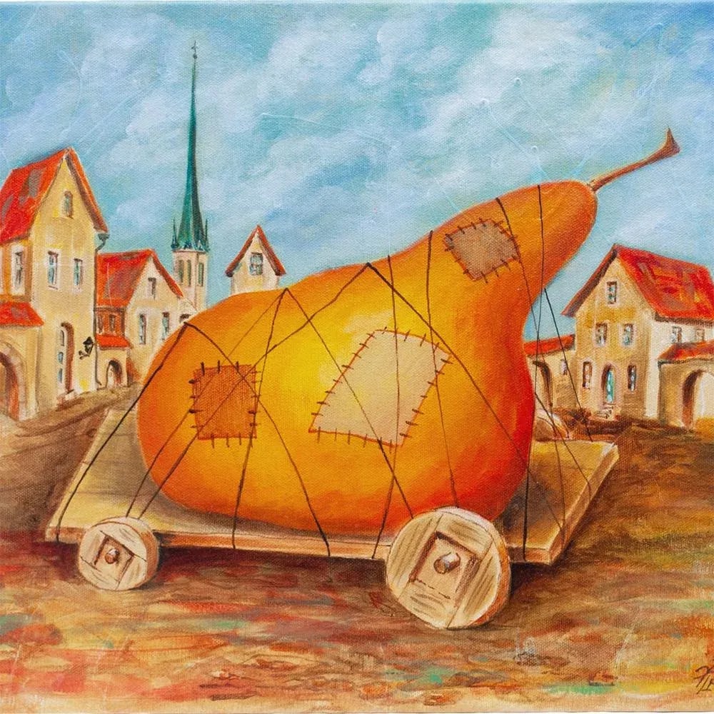 2012 Vlad Pronkin Original "Big Pear in an Old City" Surrealist Painting, Signed - 3