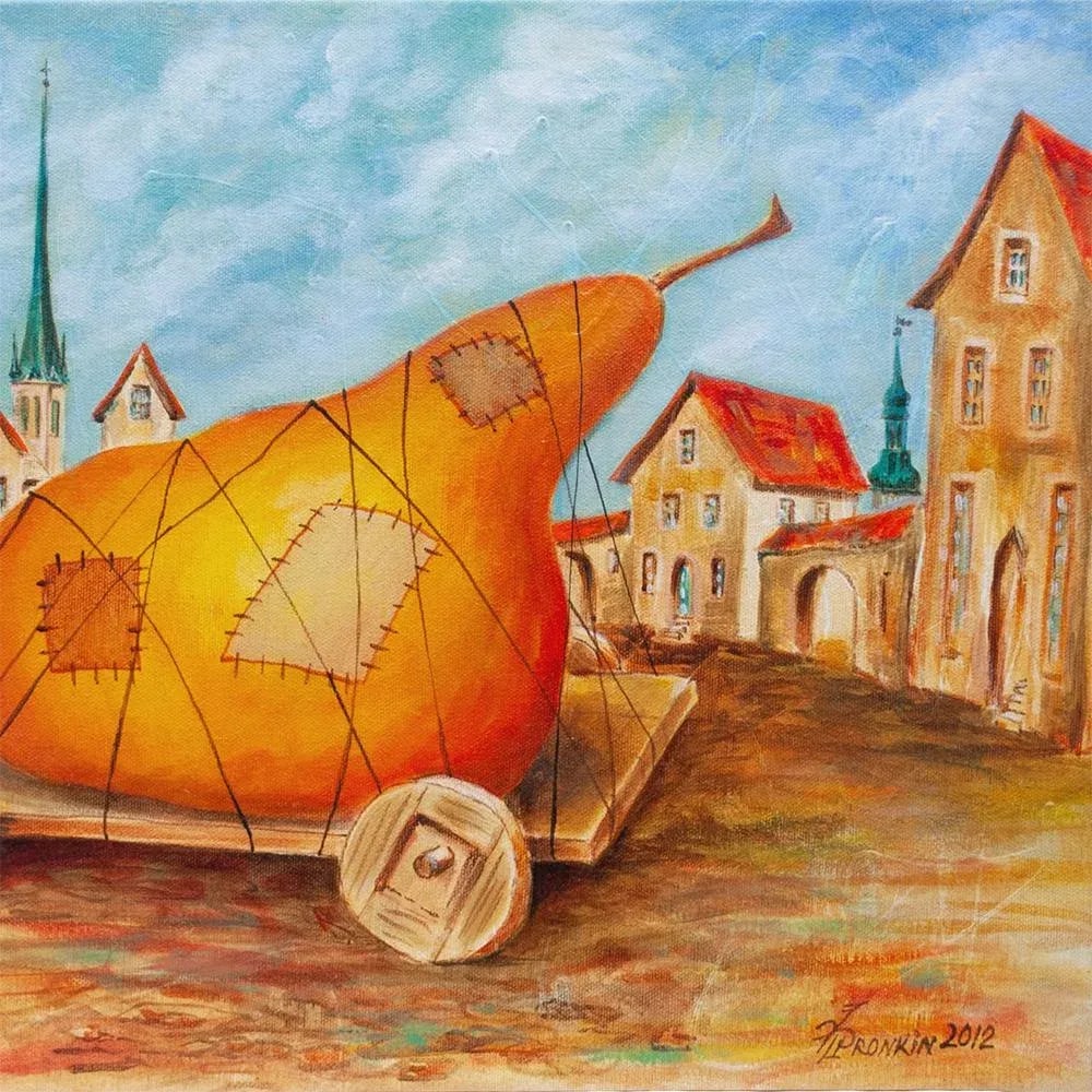 2012 Vlad Pronkin Original "Big Pear in an Old City" Surrealist Painting, Signed - 4