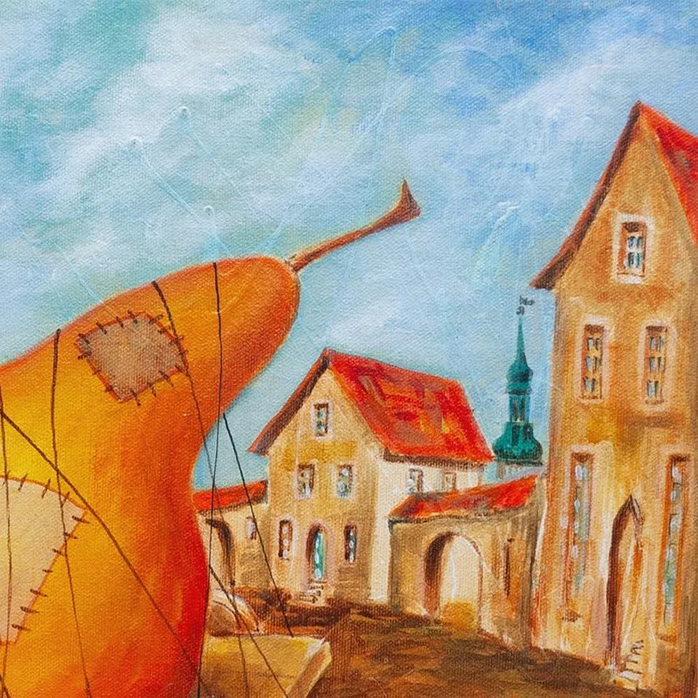 2012 Vlad Pronkin Original "Big Pear in an Old City" Surrealist Painting, Signed - 5