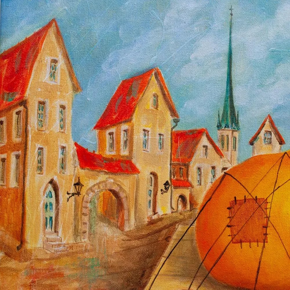 2012 Vlad Pronkin Original "Big Pear in an Old City" Surrealist Painting, Signed - 6