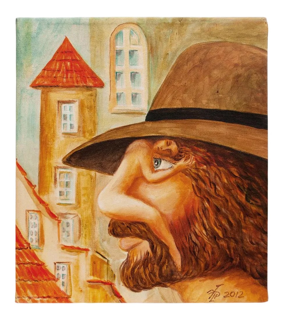 2012 Vlad Pronkin "Italian Man or Thinking of You" Surrealist Painting, Signed: A rare original painting "Italian Man or Thinking of You" (2012) by listed European Surrealist artist Vlad Pronkin (Tallinn, Estonia). Signed and dated by the artist at the lower right corner and on