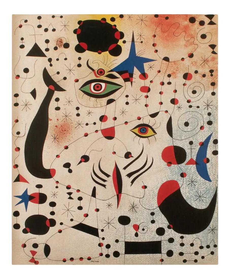 1993 After Joan Miro "In Love With a Woman", First German Edition Poster: An excellent poster of abstract gouache and oil wash on paper painting "Ciphers and Constellations or In Love with a Woman" (1941) by Joan Miro (1893-1983), a Spanish painter, sculptor, and