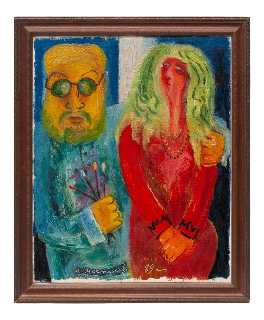 Matisse and His Muse by Adolf Shestakov, Signed, Sealed, C. O. A.: A rare Fauvist painting "Matisse and His Muse" by known listed Russian artist Adolf Shestakov. Oil on board. Signed and dated on the front and back. COA from the USSR Academy of Creative Endeavors
