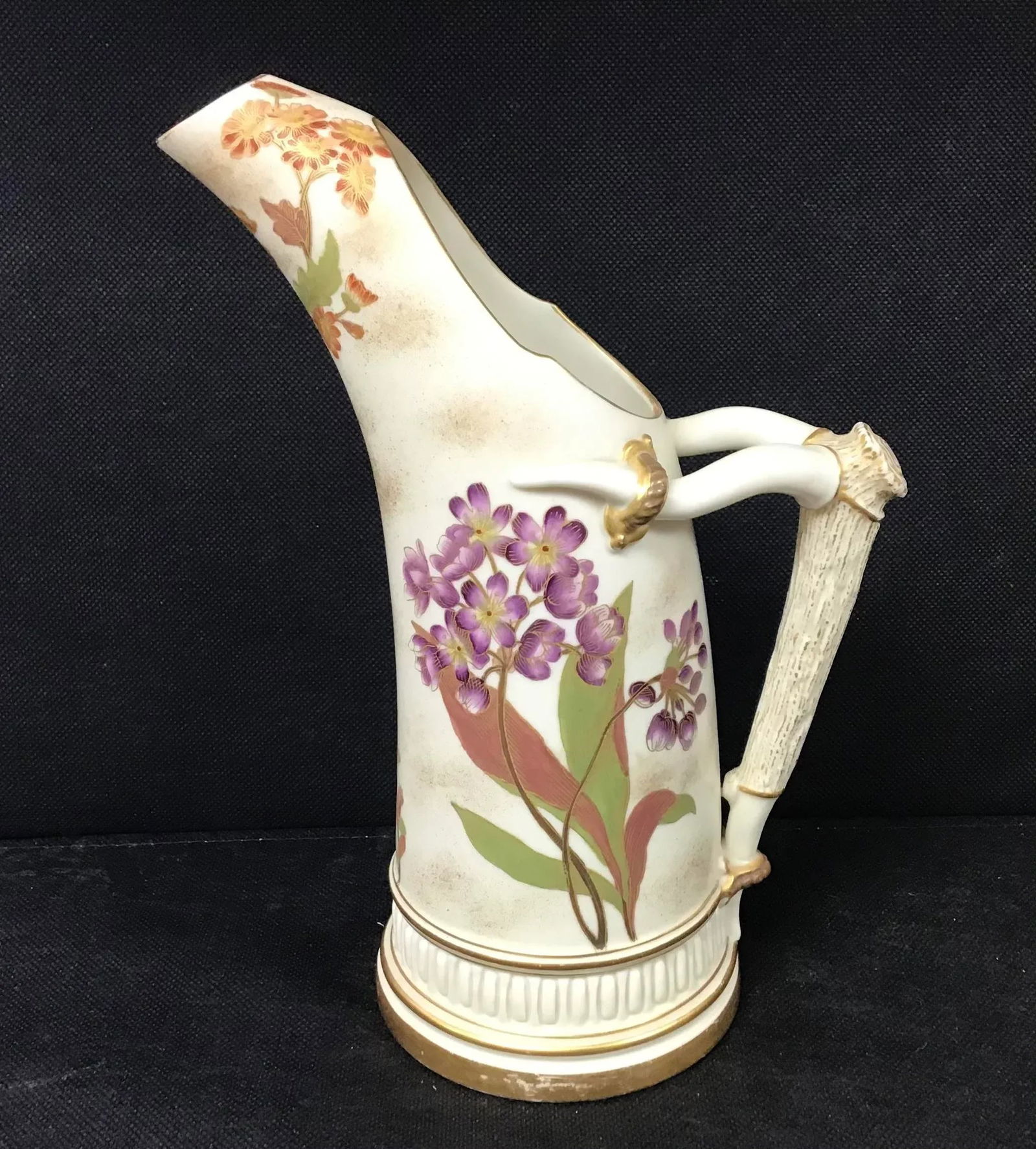 Royal Worcester Antique Porcelain Antler Handled Pitcher - 12