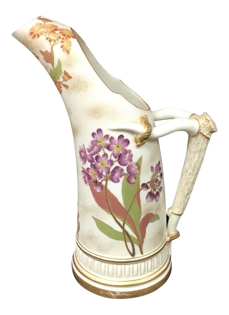 Royal Worcester Antique Porcelain Antler Handled Pitcher: ANTIQUE ROYAL WORCESTER ANTIQUE PORCELAIN ANTLER HANDLED TUSK PITCHER VASE 1116 HAND PAINTED. Hand painted metallic gold accent antler style handle. Very nice condition - no chips or cracks.