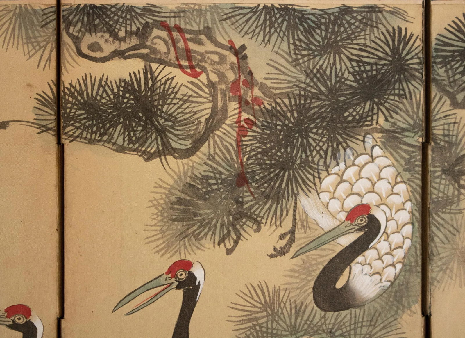 C. 1960s Small Asian Painted Screen "Red-Crowned Cranes and Big Old Pine Tree" - 10