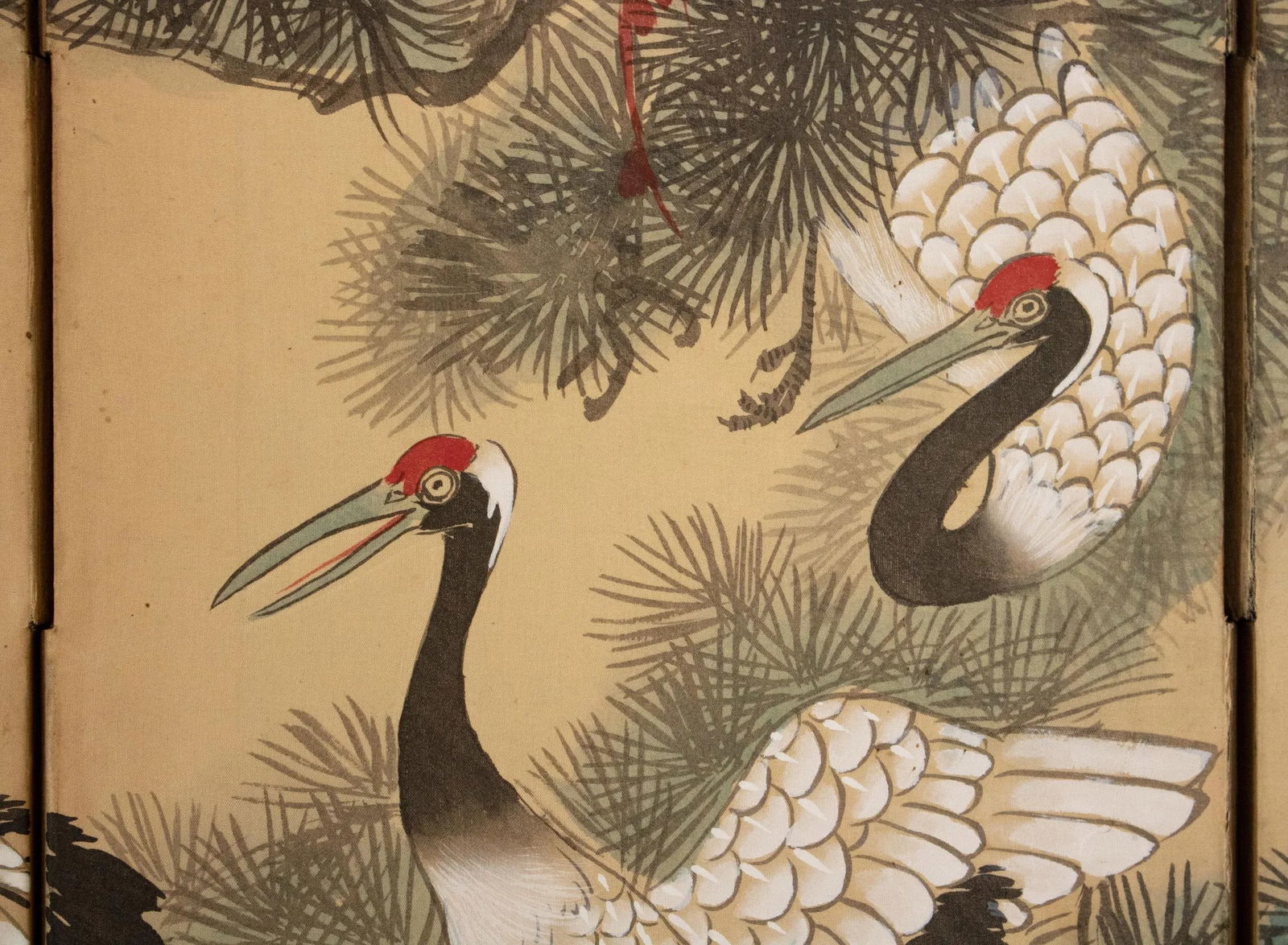 C. 1960s Small Asian Painted Screen "Red-Crowned Cranes and Big Old Pine Tree" - 11