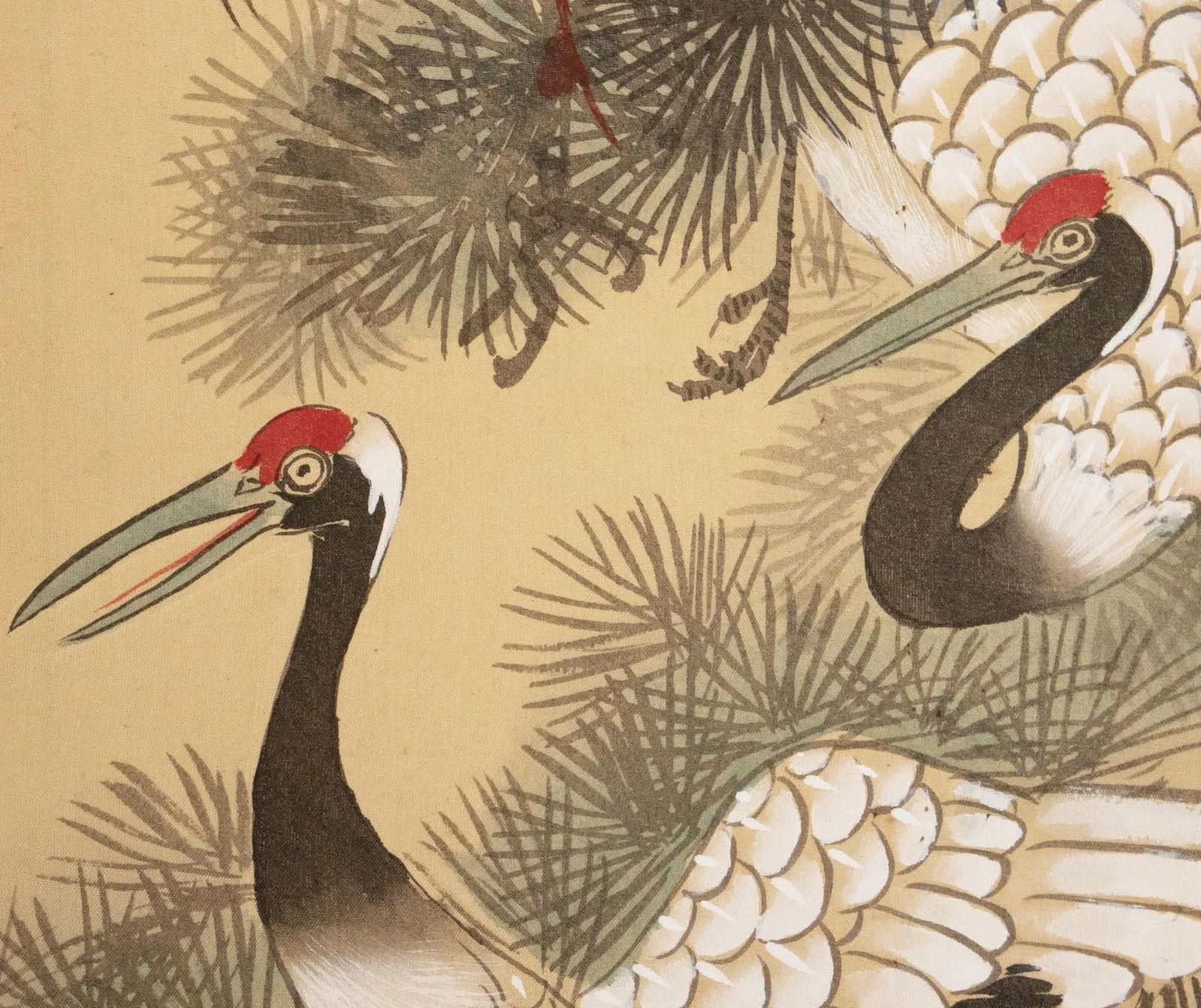 C. 1960s Small Asian Painted Screen "Red-Crowned Cranes and Big Old Pine Tree" - 12