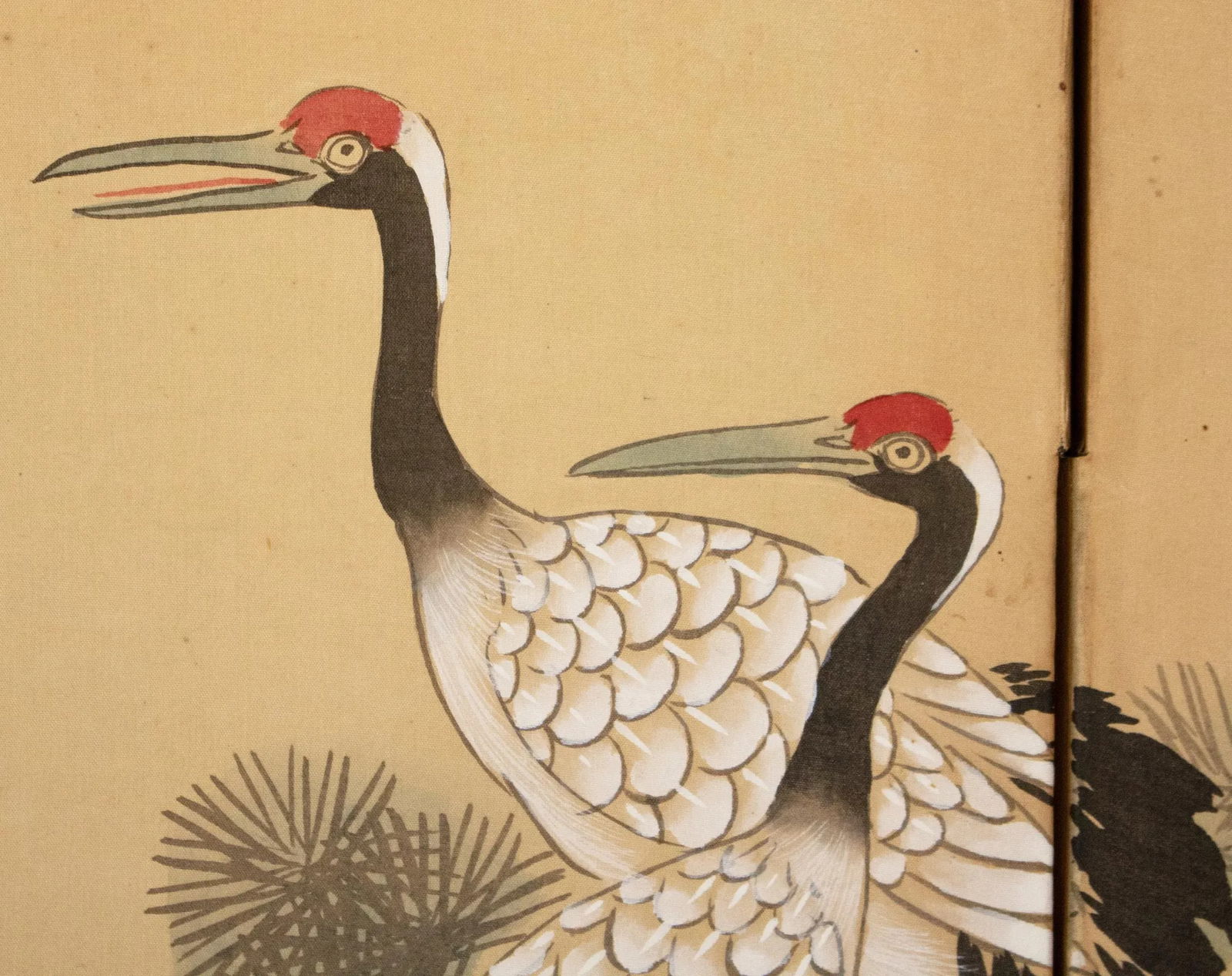 C. 1960s Small Asian Painted Screen "Red-Crowned Cranes and Big Old Pine Tree" - 13
