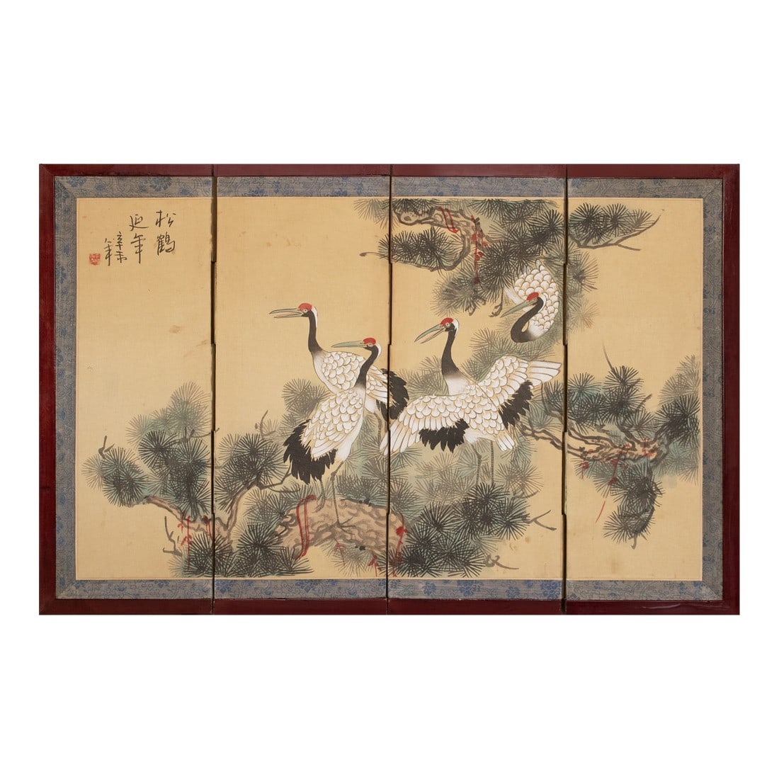 C. 1960s Small Asian Painted Screen "Red-Crowned Cranes and Big Old Pine Tree": Lovely small Asian 4-Panel painted folding silk screen, depicting a graceful scene with Red-Crowned Cranes and Big Old Pine Tree. Signed and sealed by artist. Gouache, watercolor and ink on silk.
