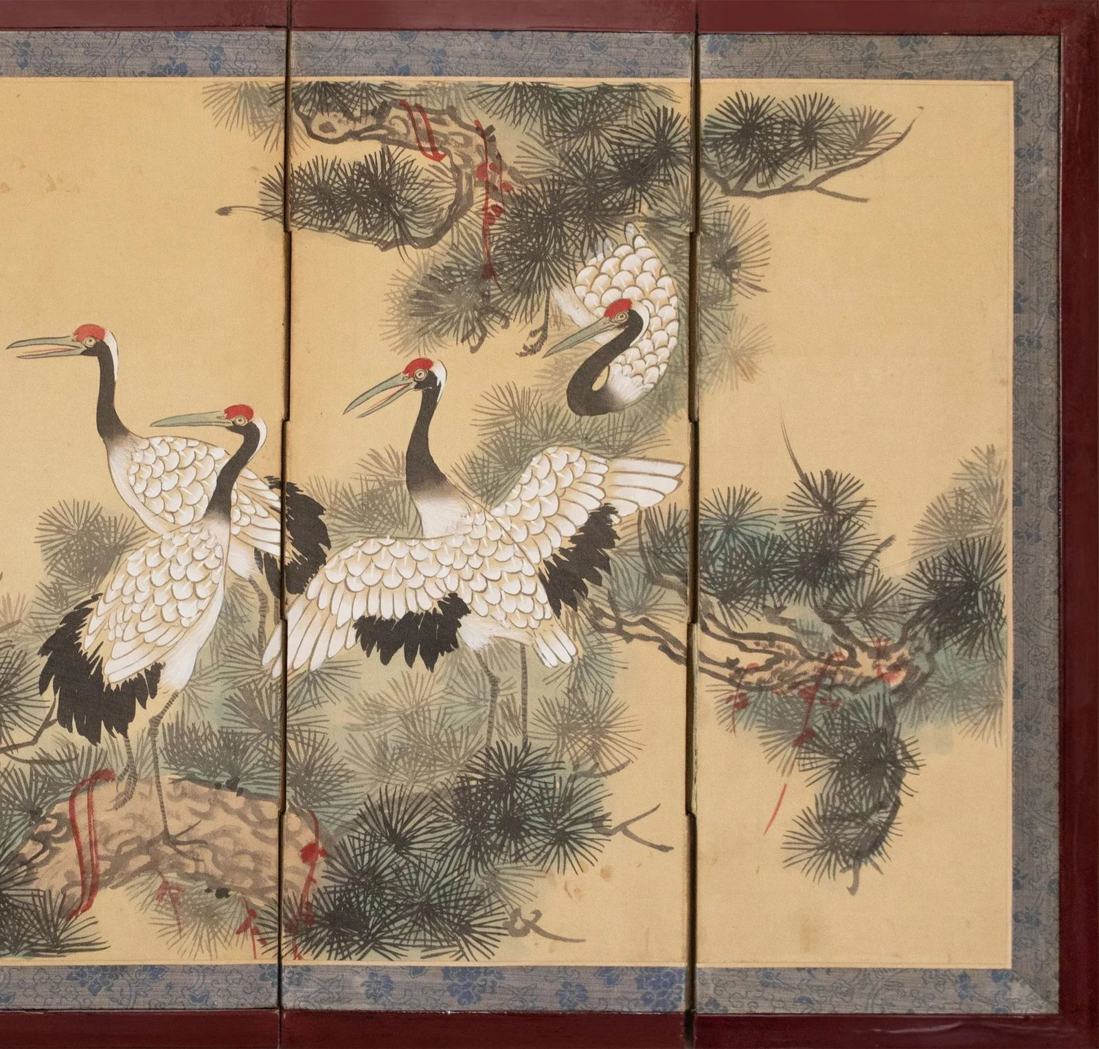C. 1960s Small Asian Painted Screen "Red-Crowned Cranes and Big Old Pine Tree" - 3