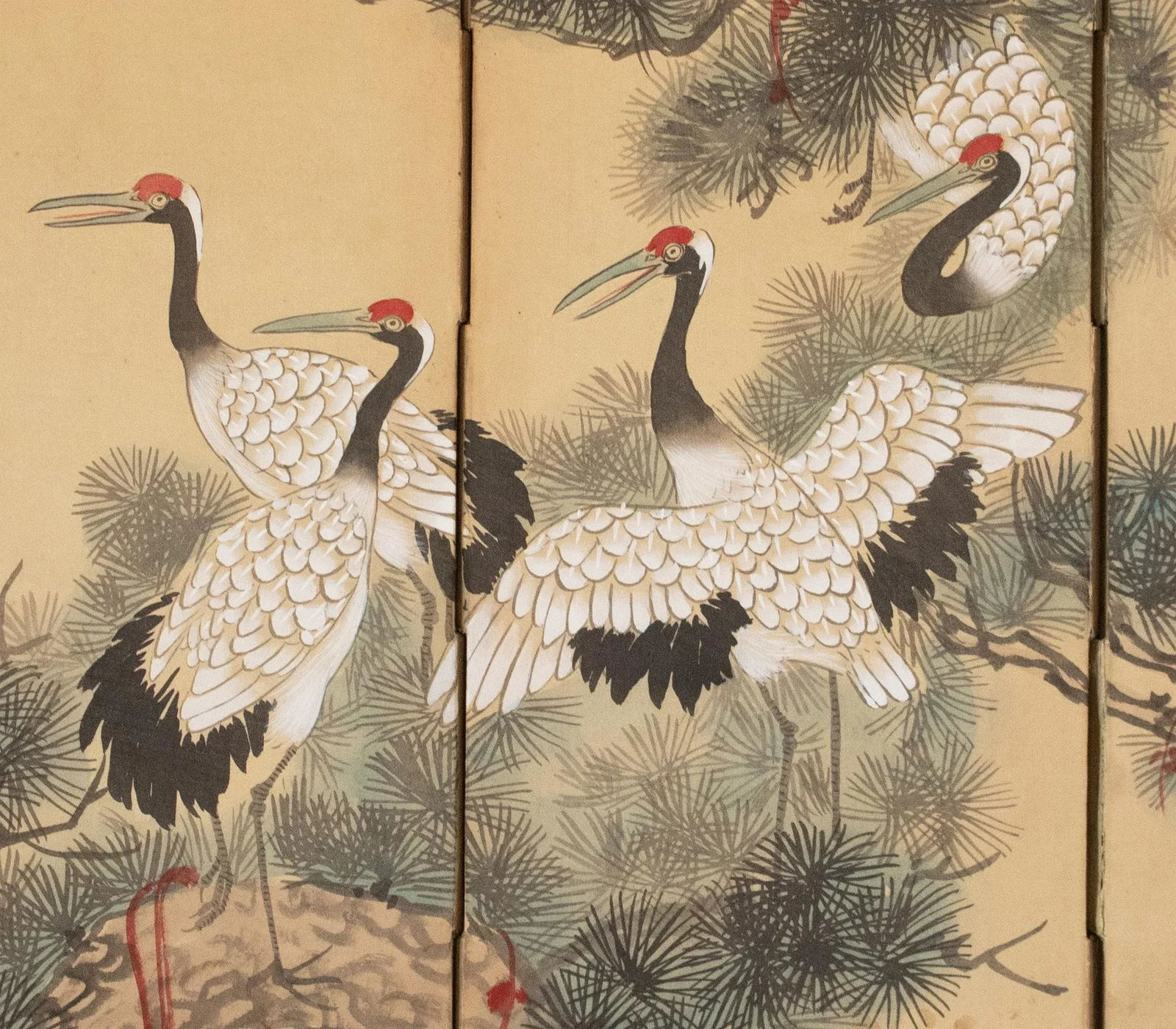 C. 1960s Small Asian Painted Screen "Red-Crowned Cranes and Big Old Pine Tree" - 5