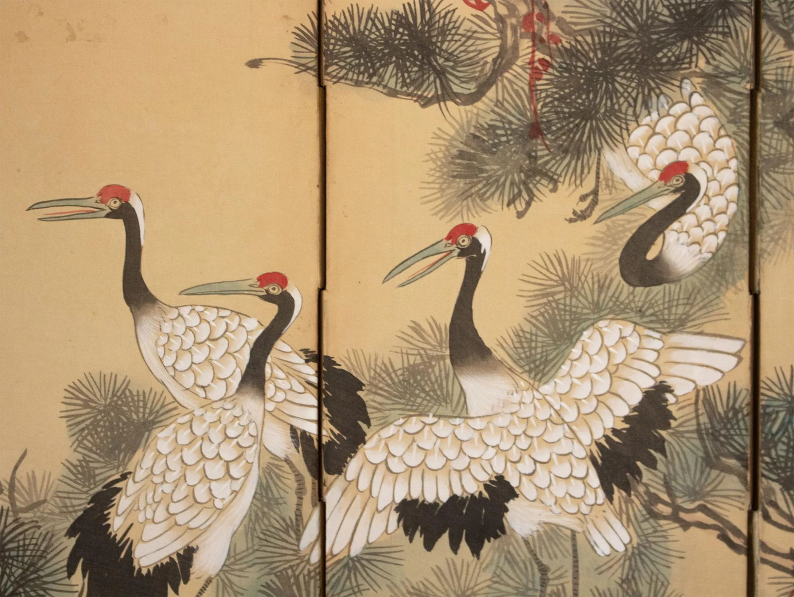 C. 1960s Small Asian Painted Screen "Red-Crowned Cranes and Big Old Pine Tree" - 6