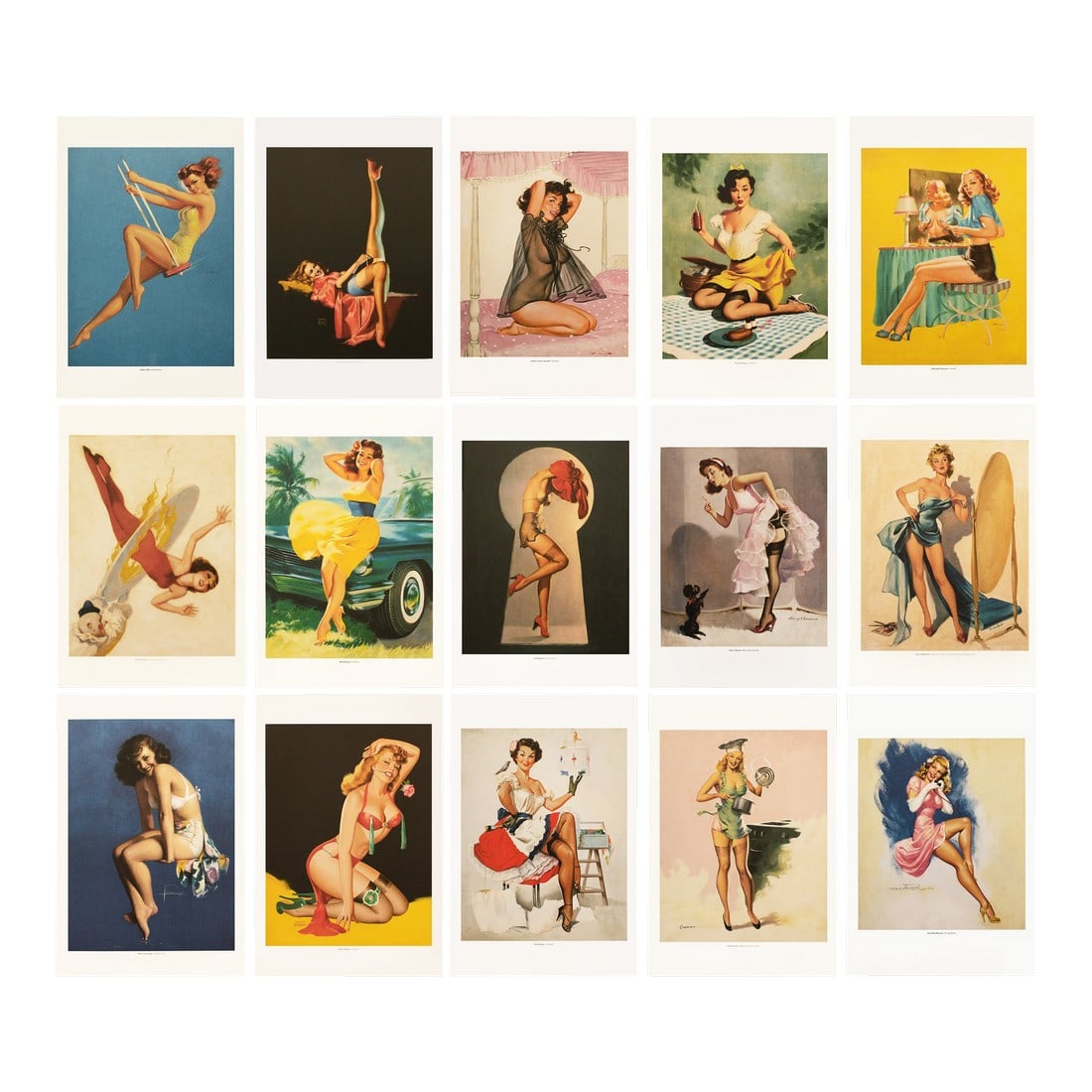 2013 Set of 15 Prints of 1950s American Pin-Ups: An excellent set of 15 reproductions of the vintage American pin-ups after artworks of different artists. Published in Germany, printed in China in 2013. Each piece has been printed on a board of