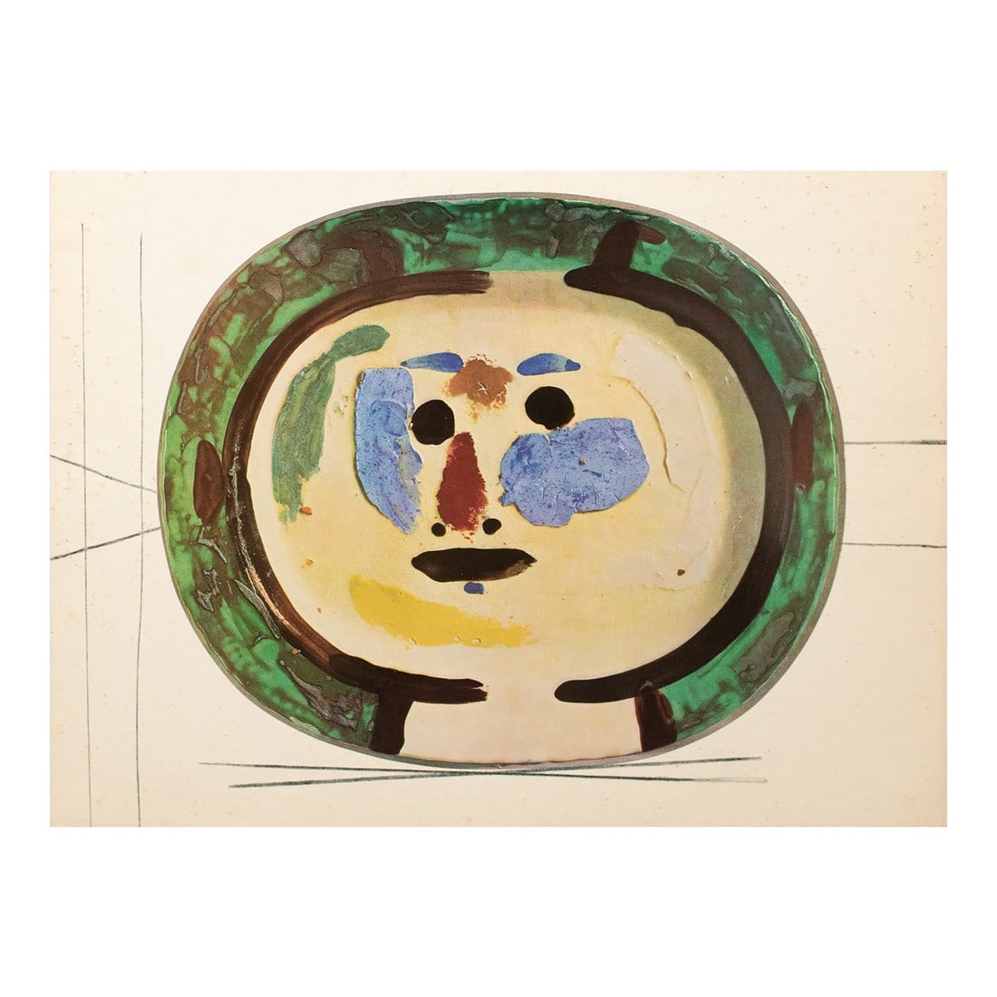1955 Swiss Print of Picasso's Ceramic Platter "Young Smiling Face": An excellent vintage period print of Pablo Picasso's ceramic Platter depicting a Young Smiling Face. Comes from an art folio published by Skira in Switzerland, in 1955. Printed on one side. Hand