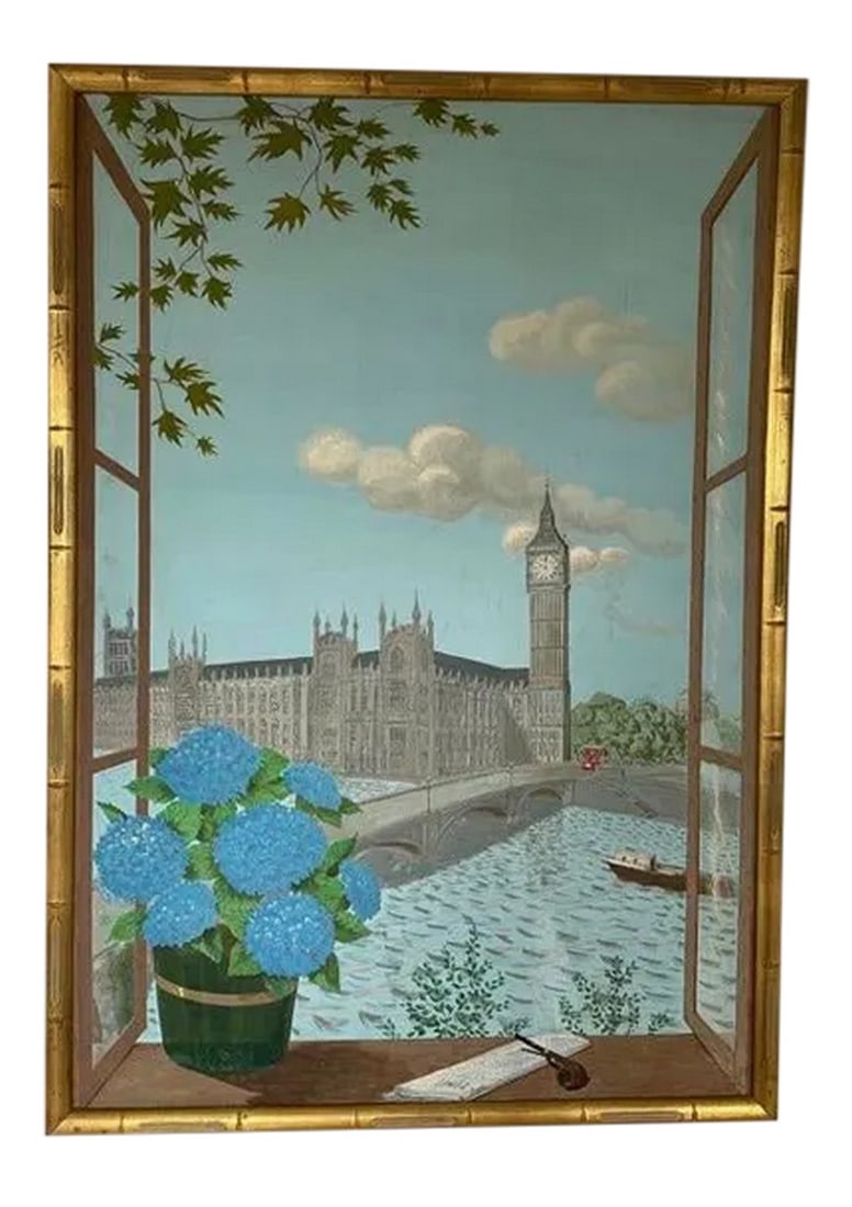 1950s Trompe l'Oeil Window Scene of London Acrylic Painting by Denys Fitz-Patrick, Framed: This utterly delightful large painting by naturalized American artist Denys Fitz-Patrick (aka Fitz Patrick, aka Fitzpatrick, aka Skeffington-Fitzpatrick) is one of three acrylic-on-Masonite paintings