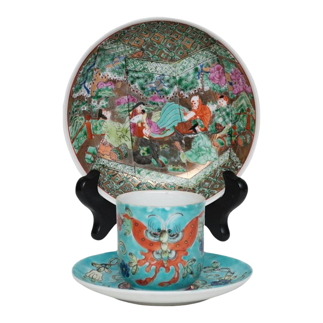 Vintage Japanese and Chinese Famille Verte Porcelain Set- 5 Pieces: A lovely vintage Asian porcelain set includes 3 pieces and 2 display stands: Circa 1920s-1950s Chinese Famille Verte Cup and Saucer. Minor restoration on the saucer. Cup is in excellent condition. Chi