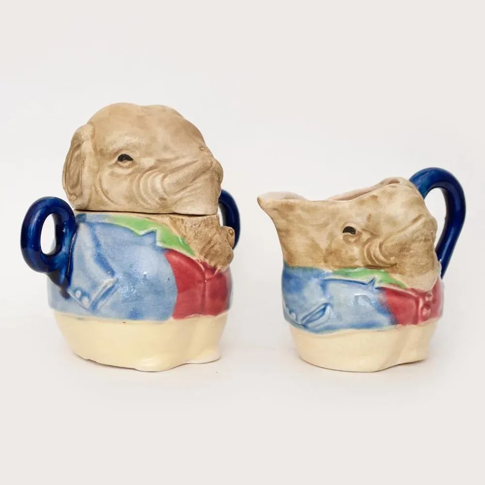 1947 Japanese Decorative Crackle Glaze Ceramic Elephant Set - a Pair - 3