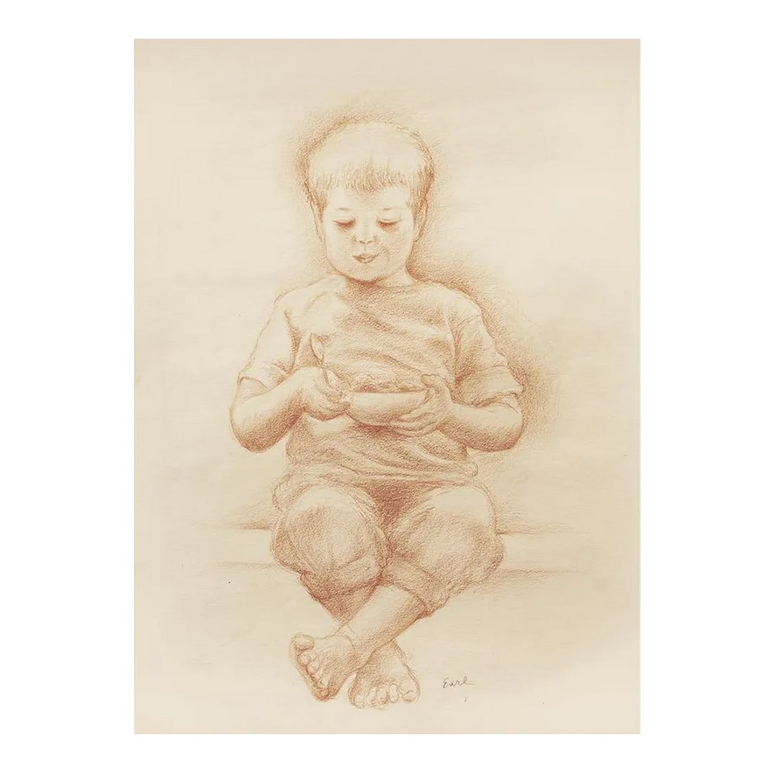 20th Century Large Original Signed Drawing by Earl: Excellent large vintage original pencil drawing depicting a seated little boy with a cereal or ice-cream bowl. Signed in pencil by artist: "Earl". Very detailed and expressive. Excellent condition - m
