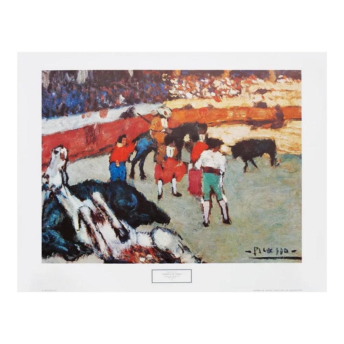 Pre-1970s After Picasso "Corrida De Toros", Period Vintage Poster From Spain: Rare Large Pre-1970 period vintage full-color poster after painting "Corrida de Toros" by Pablo Picasso. Comes from an old collection of art in Dallas, TX. Printed on one side of high quality heavy pa