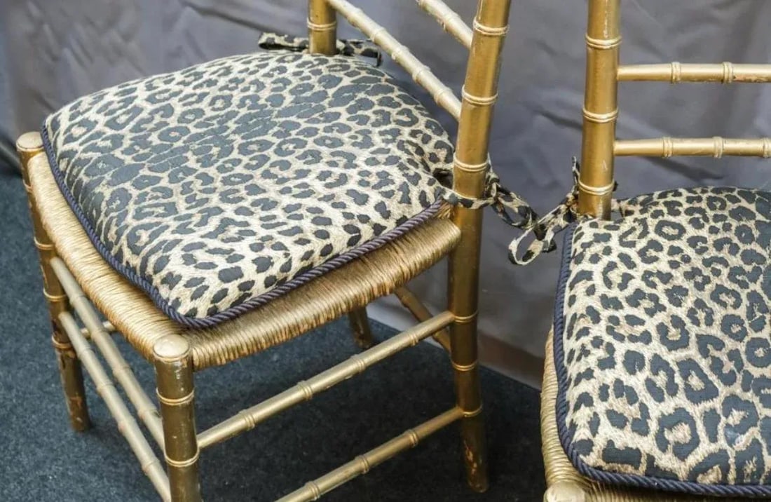 19th Century Woven Rush Seat With Faux Leopard Print Cushions Faux Bamboo Gilt Ballroom Chairs - a P - 11