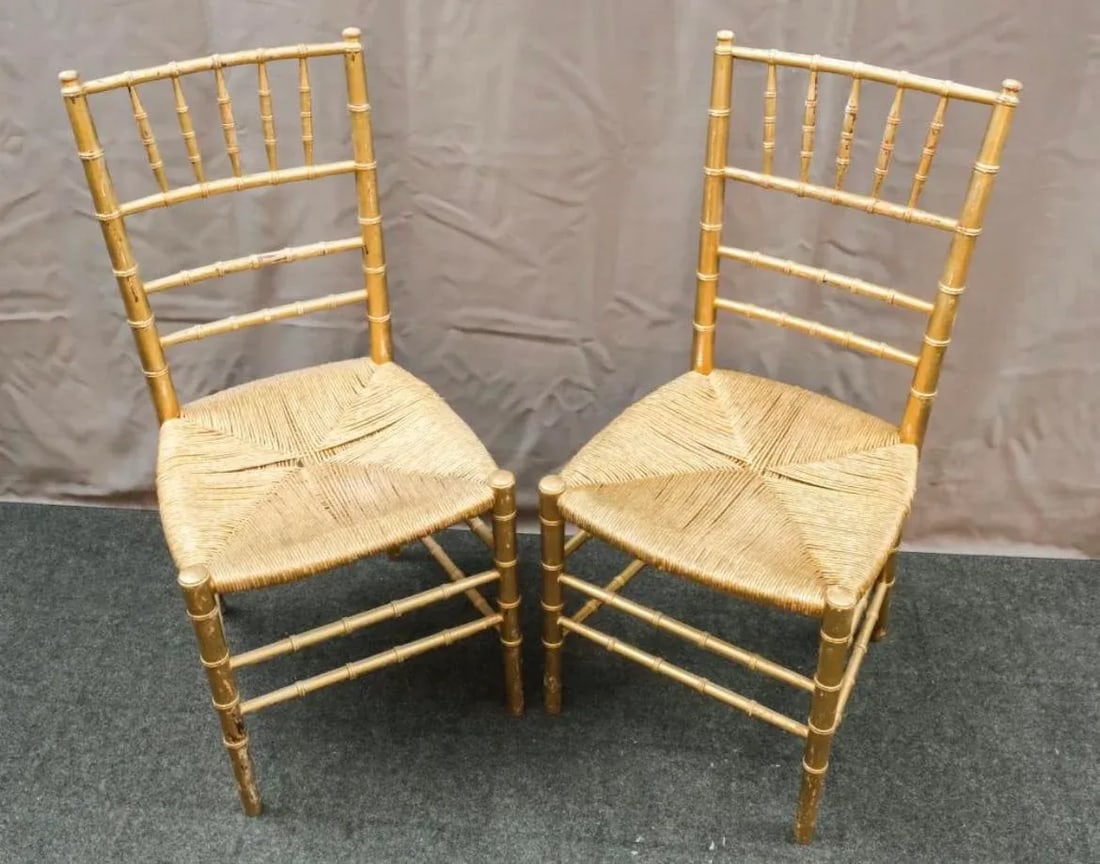 19th Century Woven Rush Seat With Faux Leopard Print Cushions Faux Bamboo Gilt Ballroom Chairs - a P - 12