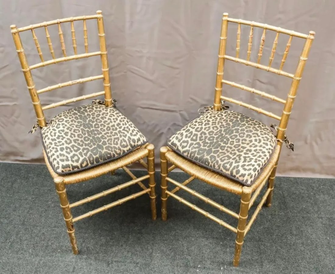 19th Century Woven Rush Seat With Faux Leopard Print Cushions Faux Bamboo Gilt Ballroom Chairs - a P - 2