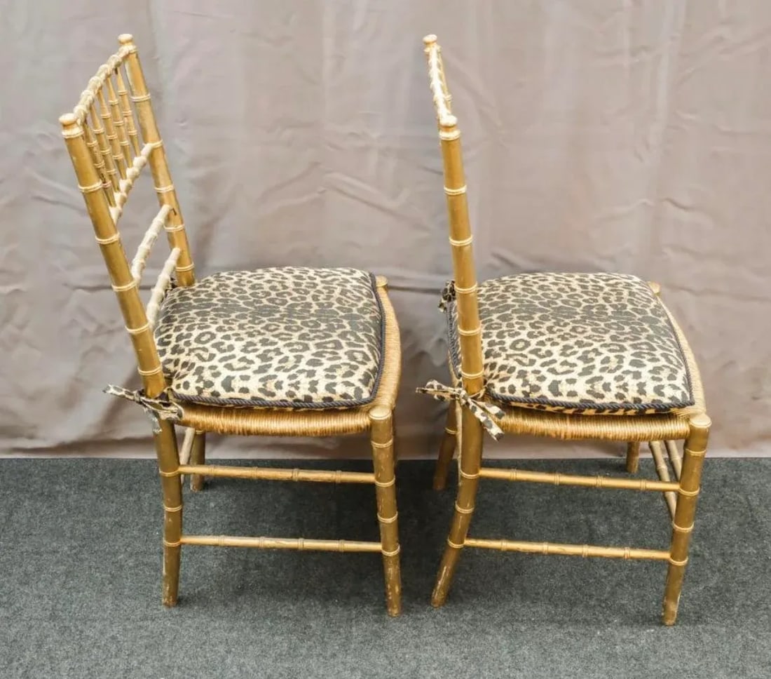 19th Century Woven Rush Seat With Faux Leopard Print Cushions Faux Bamboo Gilt Ballroom Chairs - a P - 3