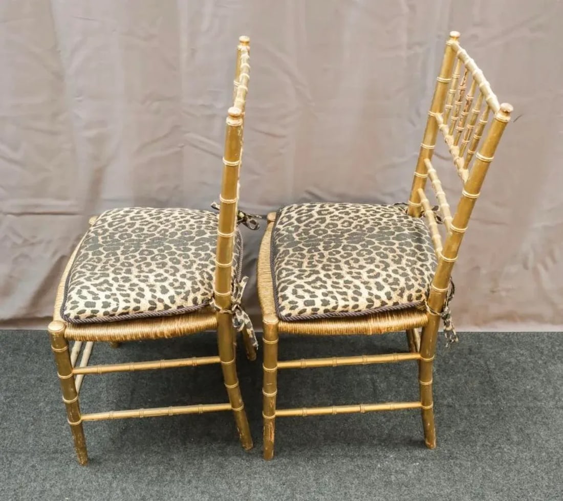 19th Century Woven Rush Seat With Faux Leopard Print Cushions Faux Bamboo Gilt Ballroom Chairs - a P - 4