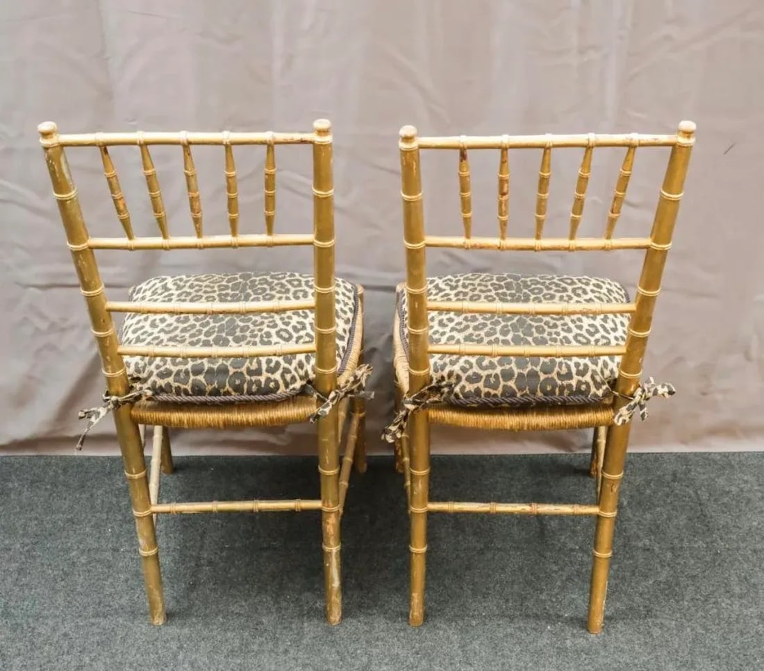 19th Century Woven Rush Seat With Faux Leopard Print Cushions Faux Bamboo Gilt Ballroom Chairs - a P - 5