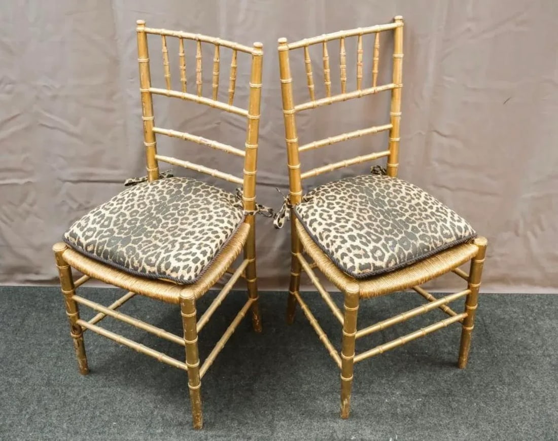 19th Century Woven Rush Seat With Faux Leopard Print Cushions Faux Bamboo Gilt Ballroom Chairs - a P - 6