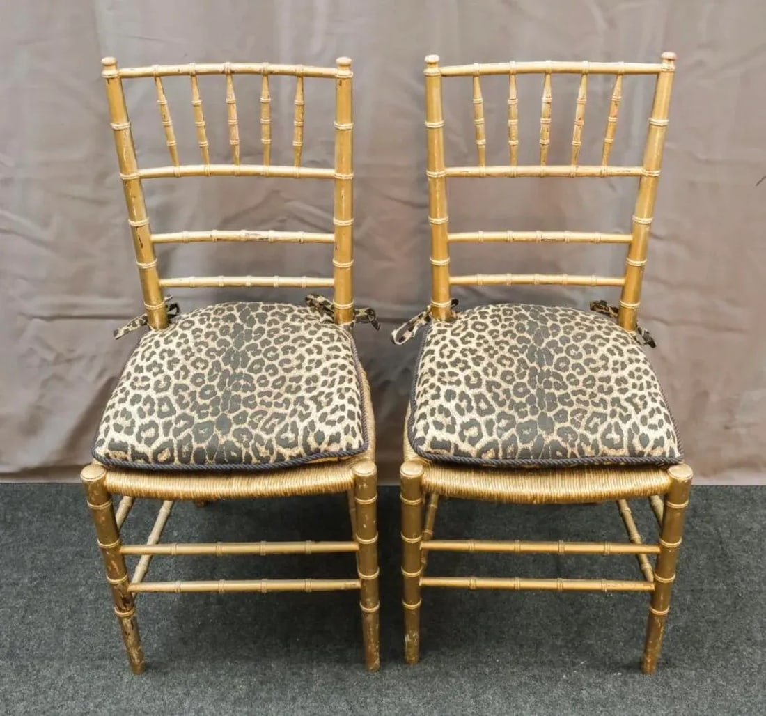 19th Century Woven Rush Seat With Faux Leopard Print Cushions Faux Bamboo Gilt Ballroom Chairs - a P - 7