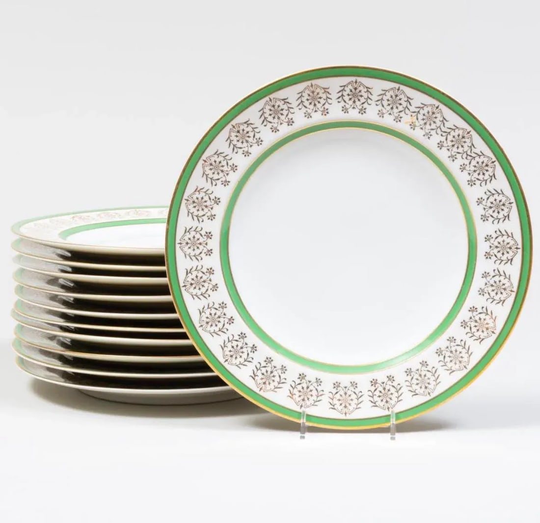 Vintage Green and Gold French Haviland Limoges Dinner Plates- Set of 11 - 6
