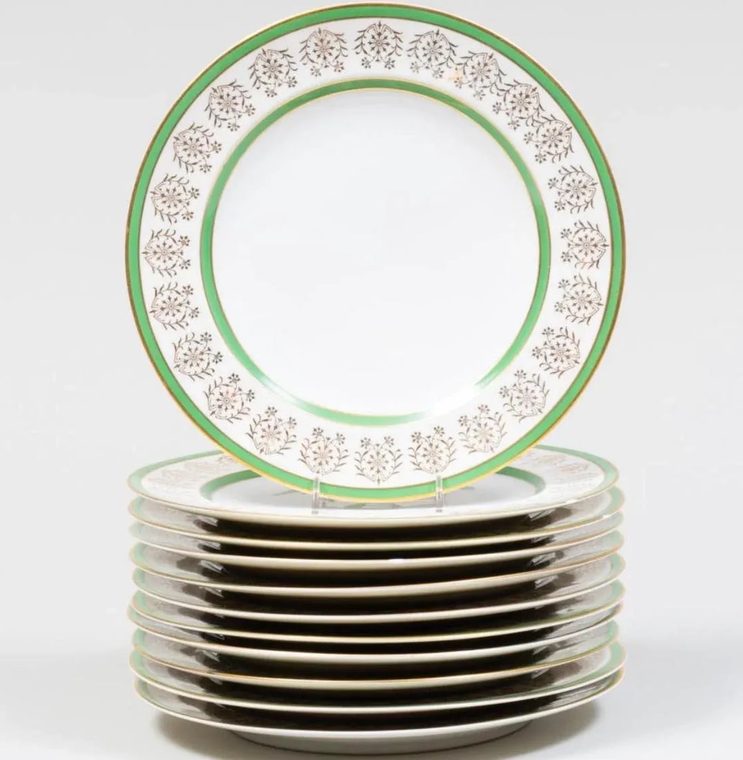 Vintage Green and Gold French Haviland Limoges Dinner Plates- Set of 11 - 9