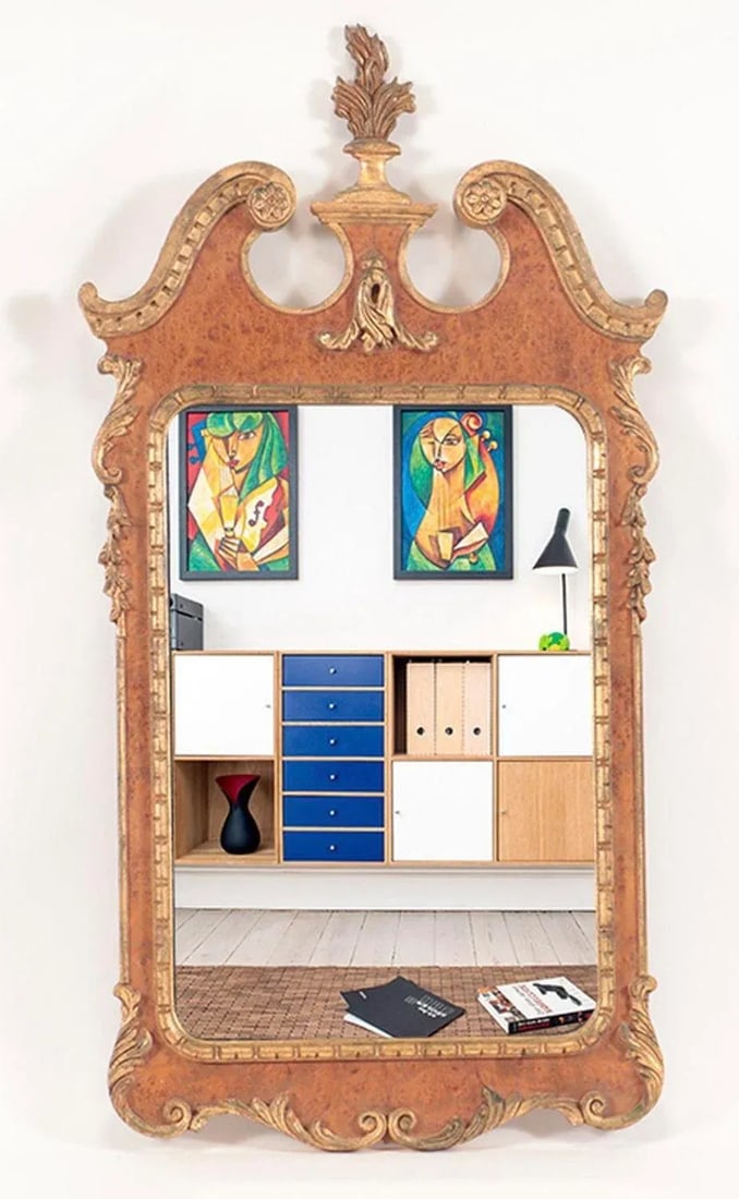 Georgian Style Burl Wood and Gilt Decorated Mirror Circa 1950 - 6