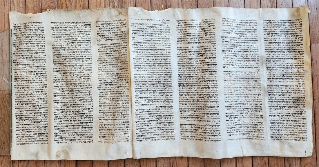 TORAH SCROLL FRAGMENT MANUSCRIPT on VELLUM antique BIBLE BOOK OF NUMBERS 21x42" - 2
