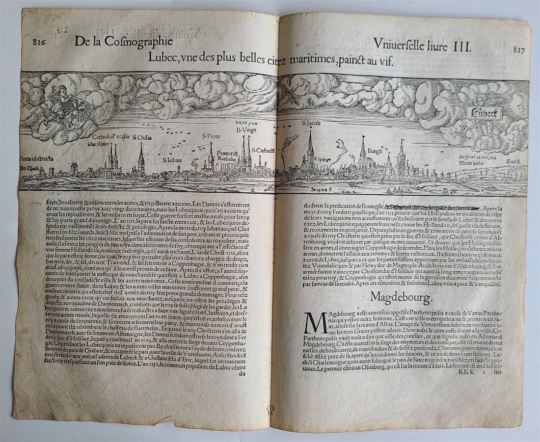 1575 LUBECK GERMANY view LEAF - BELLEFOREST ED. of MUNSTER COSMOGRAPHY antique - 2