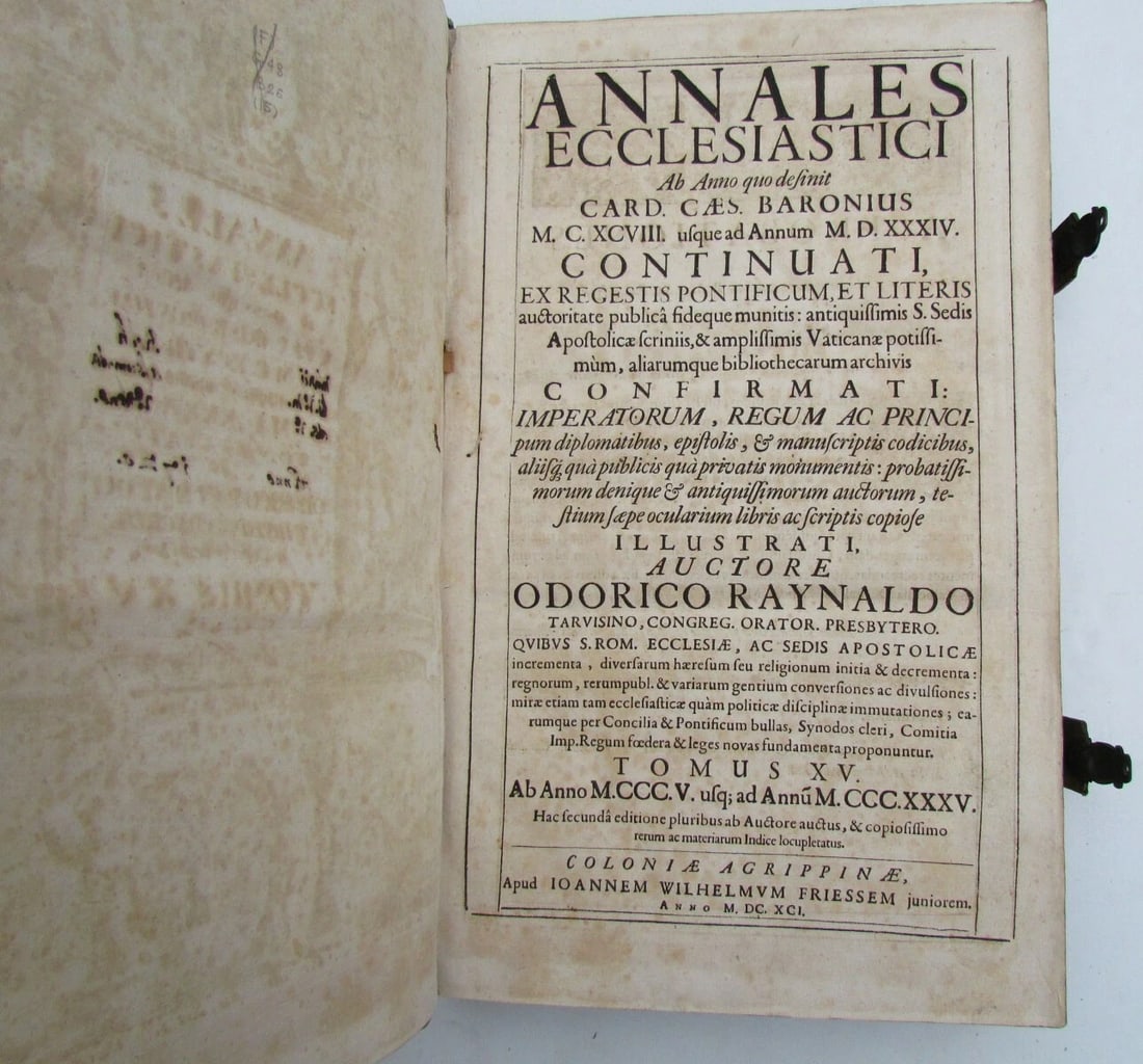 1691 BLIND-STAMPED PIGSKIN OVER WOODEN BOARDS FOLIO ANNALES ECCLESIASTICI Vol.15 - 11