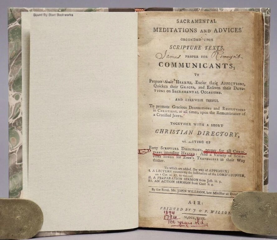 1794 Sacramental Meditations and Advices by Willison antique AMERICANA 18th cent: Title: 1794 Sacramental Meditations and Advices by Willison antique AMERICANA 18th cent Description: Sacramental Meditations and Advices By John Willison Air: Wilson, 1794 Size 4 1/3 by 7" 288 pp Boun