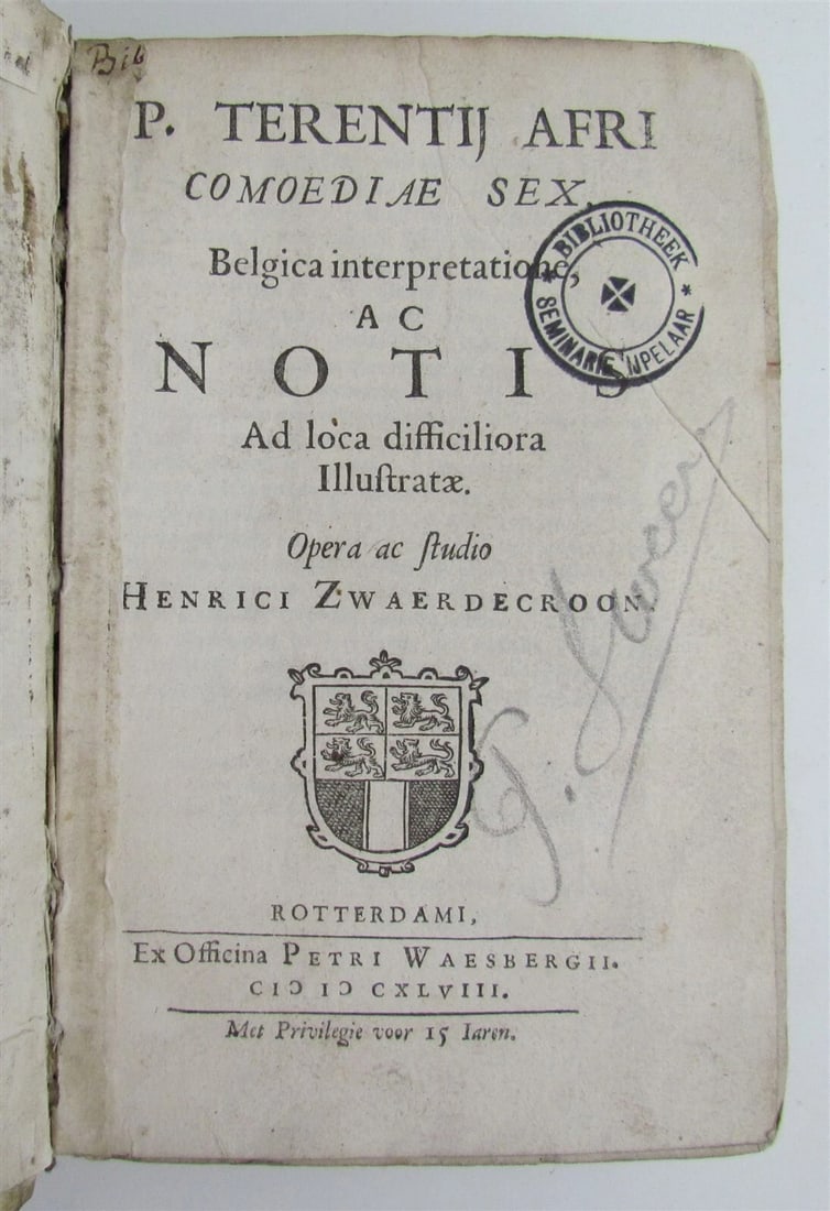 1648 TERENCE COMEDIES POETRY antique Publius Terentius Afer VELLUM BINDING: Title: 1648 TERENCE COMEDIES POETRY antique Publius Terentius Afer VELLUM BINDING Description: Terentius Afer, P. Comoediae Sex Dutch transl. and ed. H. Zwaerdecroon. Rotterdam, P. van Waesbergen; 164