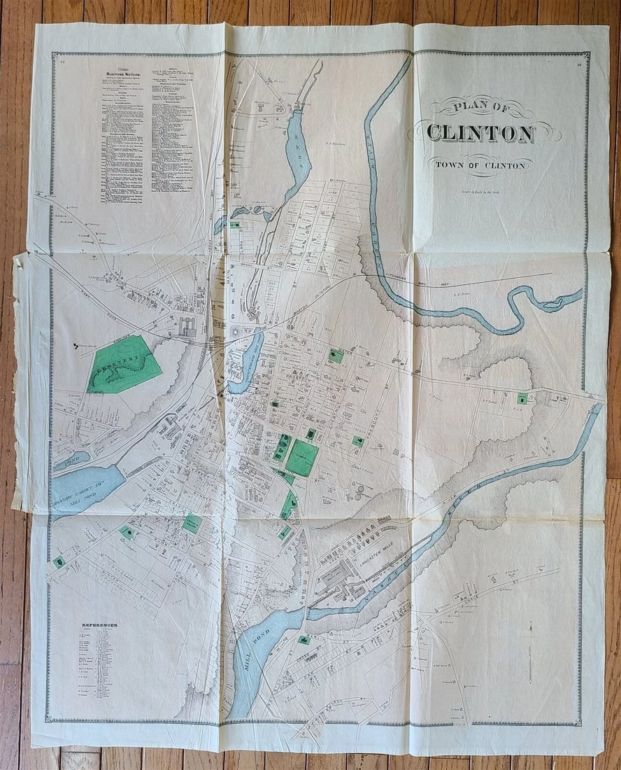 PLAN of TOWN of CLINTON MA antique 31.5 by 39.5" - 2