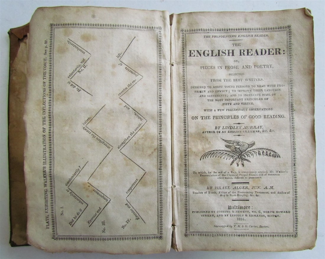 1824 ENGLISH READER PIECES of PROSE & POETRY BY MURRAY & ALGER BALTIMORE antique (1 of 6)