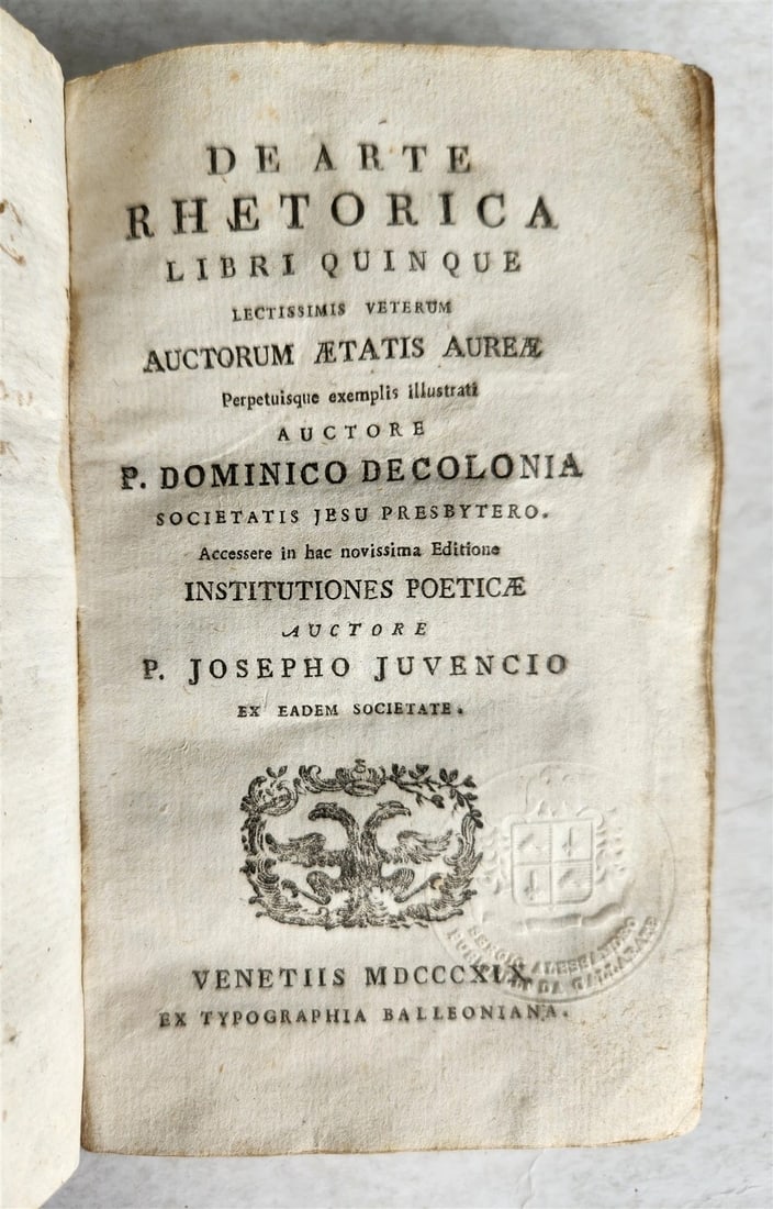 1819 DE ARTE RHETORICA by P. DOMINICO DECOLONIA antique VELLUM BOUND - 3