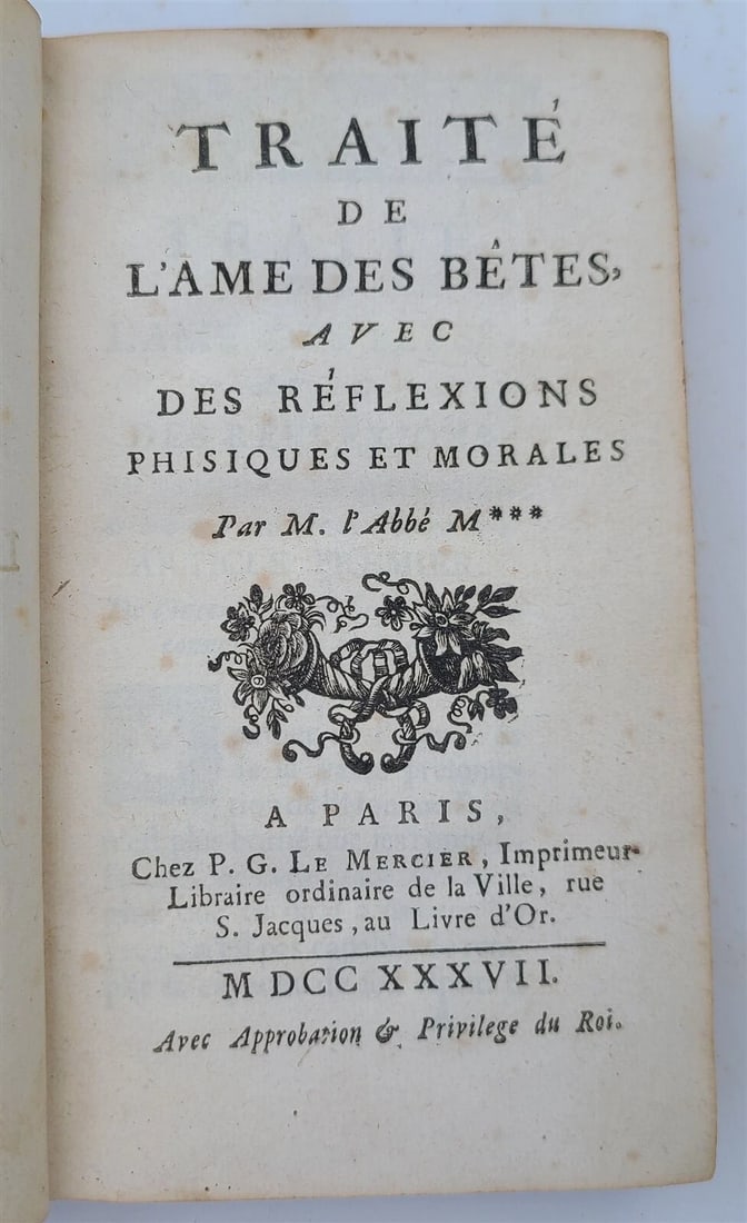 1737 Treatise on Soul of Animals w/ Physical & Moral Reflections antique French (1 of 6)