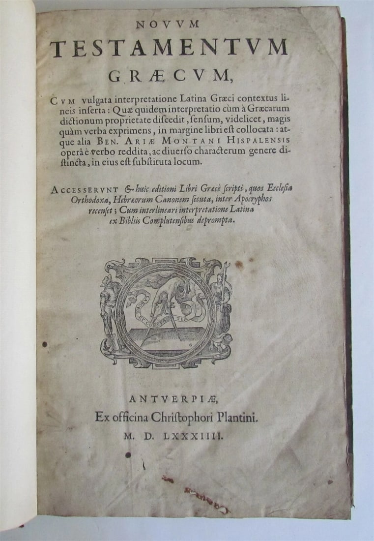 1584 GREEK BIBLE PLANTIN NEW TESTAMENT antique RARE 16th CENTURY FOLIO BIBLIA: Title: 1584 GREEK BIBLE PLANTIN NEW TESTAMENT antique RARE 16th CENTURY FOLIO BIBLIA Description: Novum Testamentum Graecum, cum vulgate interpretatione Latina Graeci contextus lineis inserta ... Antw