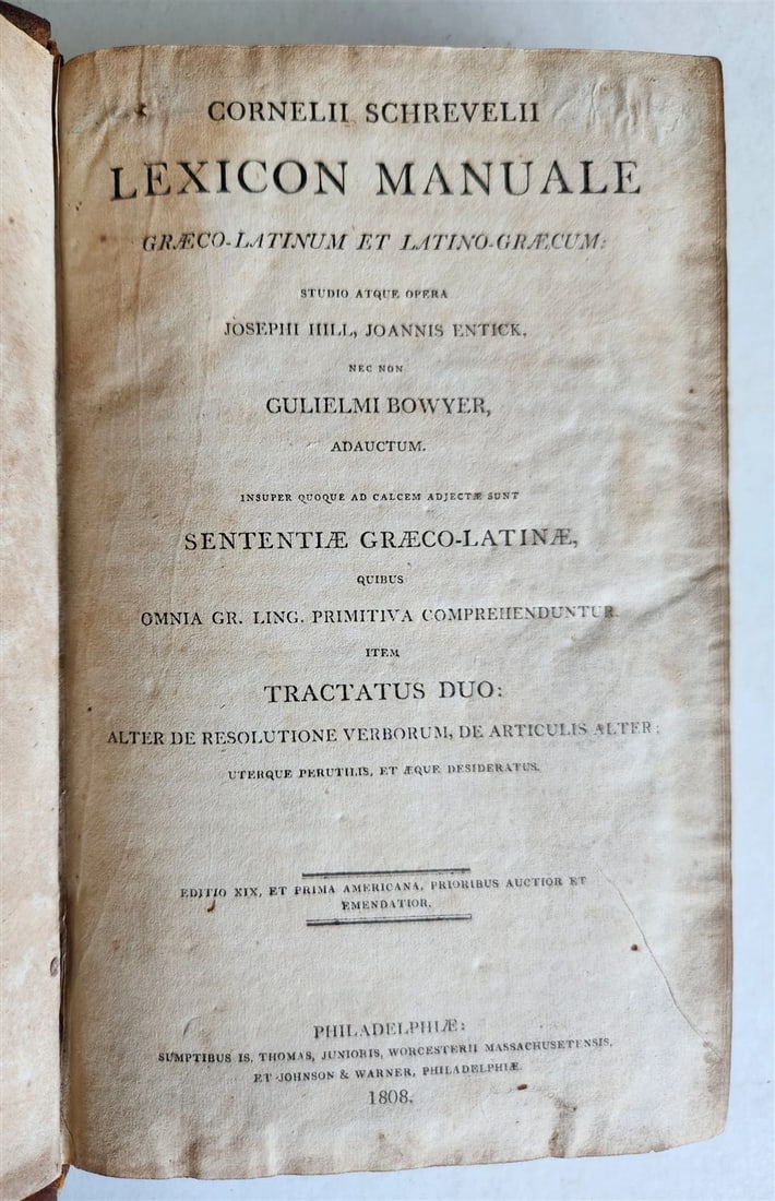1808 GREEK LATIN DICTIONARY antique LEXICON MANUALE by by CORNELII SCHREVELII - 2