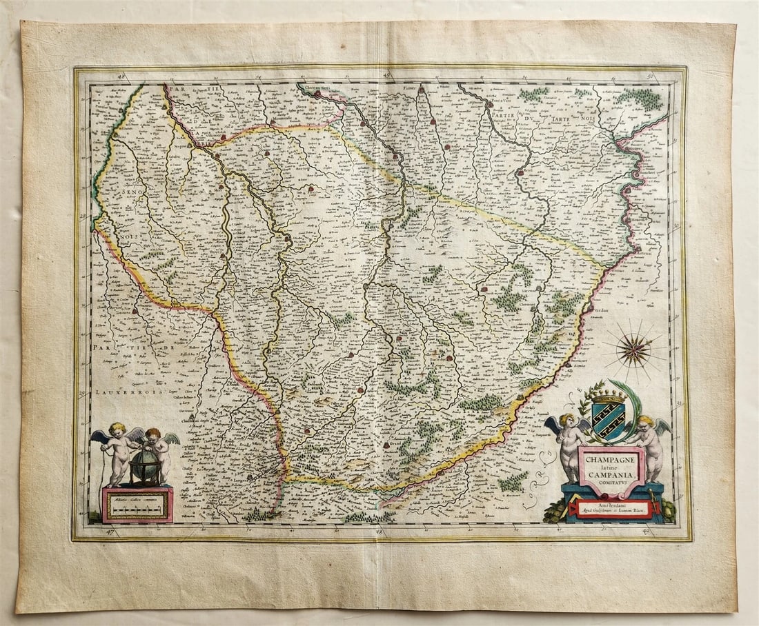 1640 MAP of FRANCE CHAMPAGNE by WILLEM BLAEU antique AUTHENTIC hand colored - 3