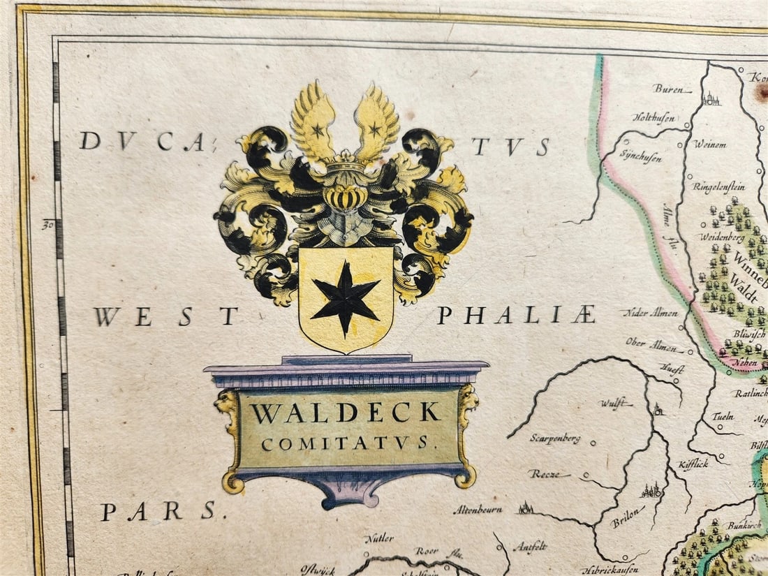 1640 MAP of GERMANY WALDECK COUNTY by WILLEM BLAEU antique AUTHENTIC handcolored - 3