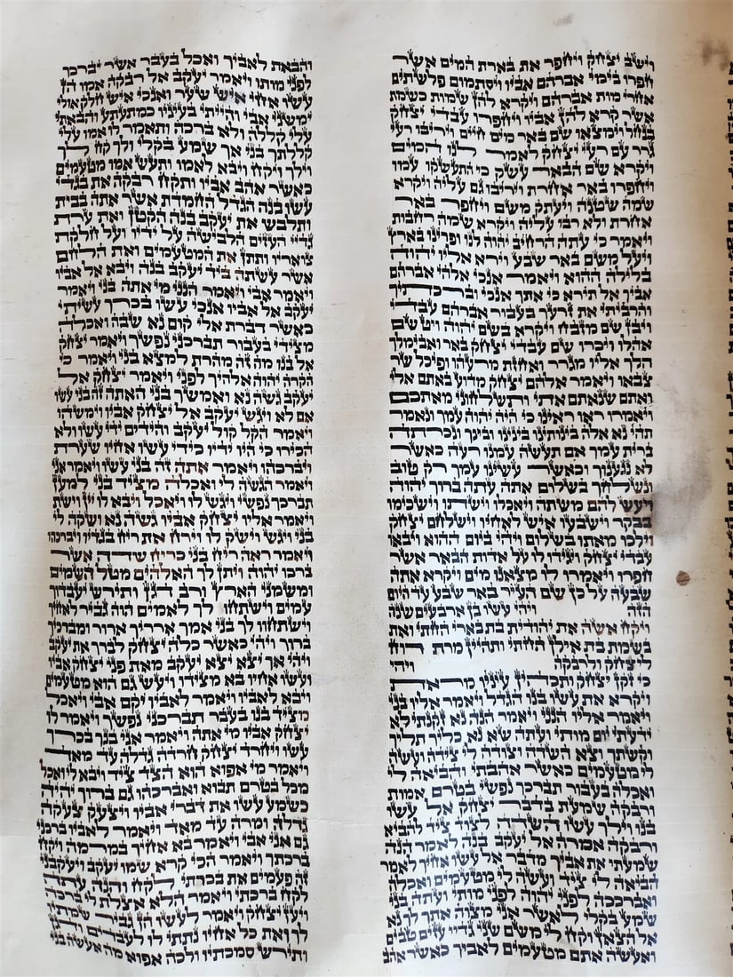 TORAH SCROLL FRAGMENT MANUSCRIPT on VELLUM antique BIBLE GENESIS 24:64 - 31:1 - 7