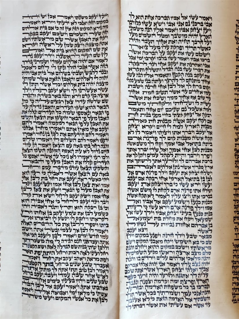 TORAH SCROLL FRAGMENT MANUSCRIPT on VELLUM antique BIBLE GENESIS 24:64 - 31:1 - 8